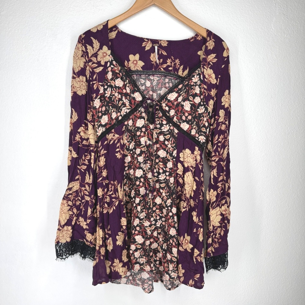 Free People Floral Babydoll Peasant Tunic Dress Size Medium‎ Purple Milkmaid Bow